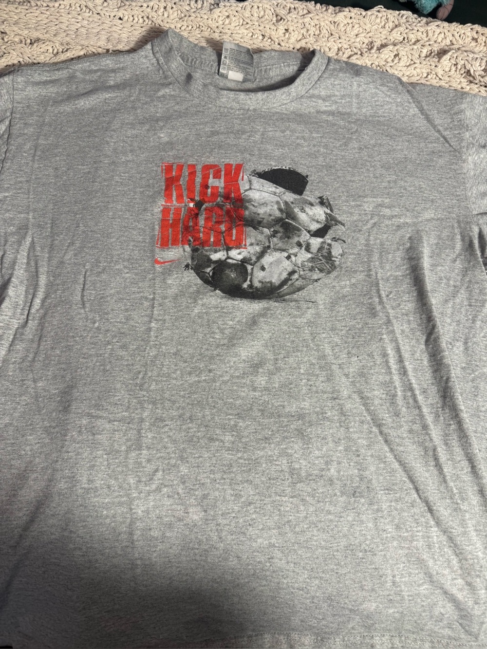 Nike Light Gray 'Kick Hard' Soccer Graphic Tee with Red Print